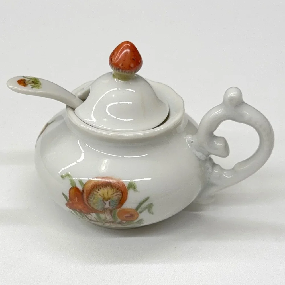 L Lancaster Hand Painted Mushroom Porcelain Jam Pot with Lid and‎ Spoon Vintage